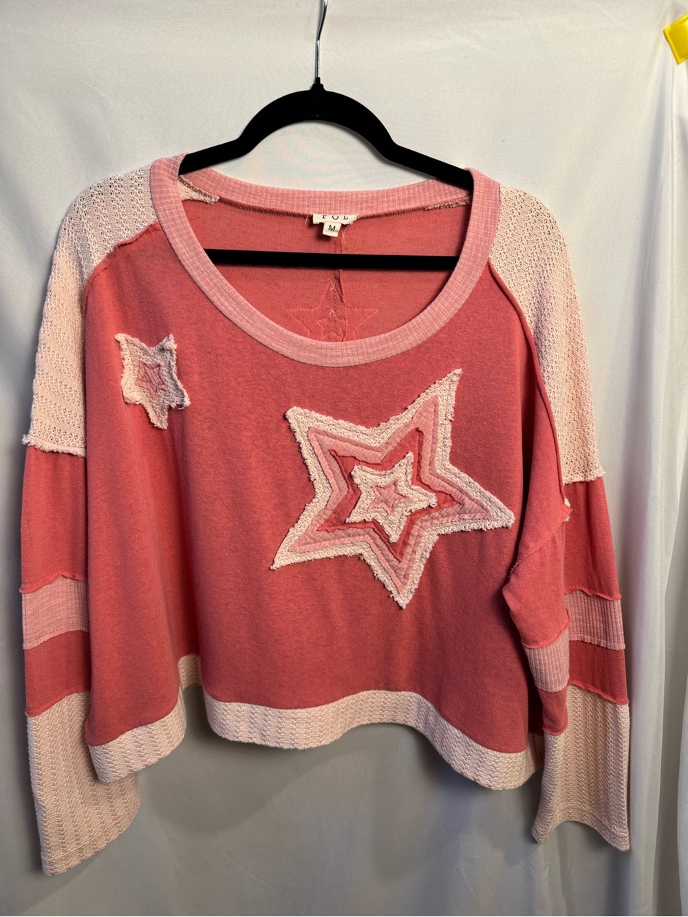 POL Clothing Celestial Patchwork Cropped Star‎ Knit Top Blush Pink M